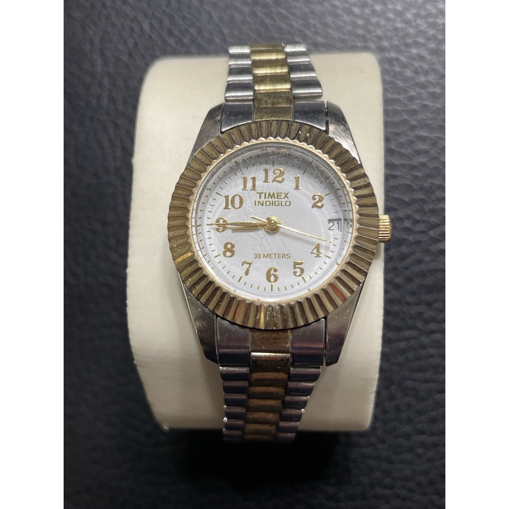 Timex Indiglo Two Tone Gold Silver Quartz Watch 30M Date Needs Battery